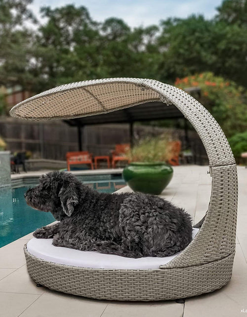 Load image into Gallery viewer, Outdoor Dog Chaise Bed W/Shade Hood, Waterproof Poly Rattan Lounger with Washable Cushion, Smoke, Chaise-Sk-Amz
