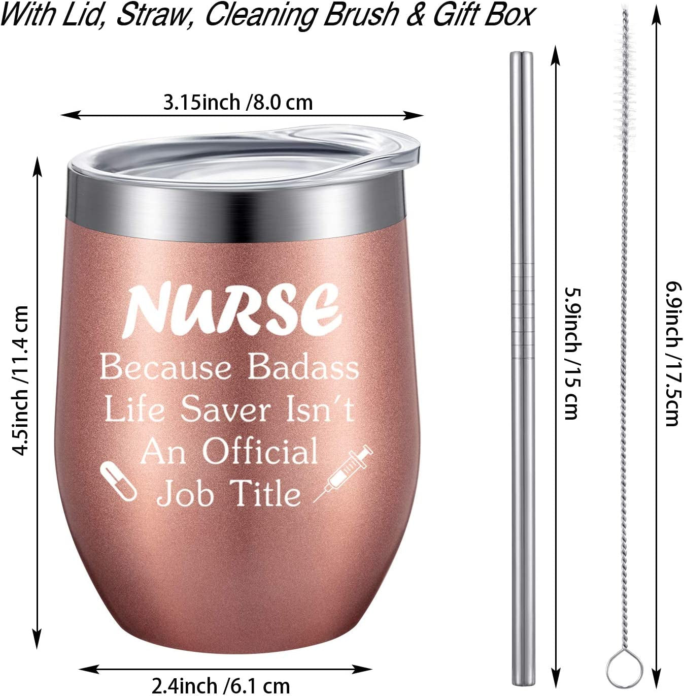 2 Pieces Nurse Gifts for Women 12 Oz Wine Tumbler Christmas Appreciation Nursing Graduation Funny Present with Straw and Brush for Nurse Practitioner, Nurse Student (Rose Gold)