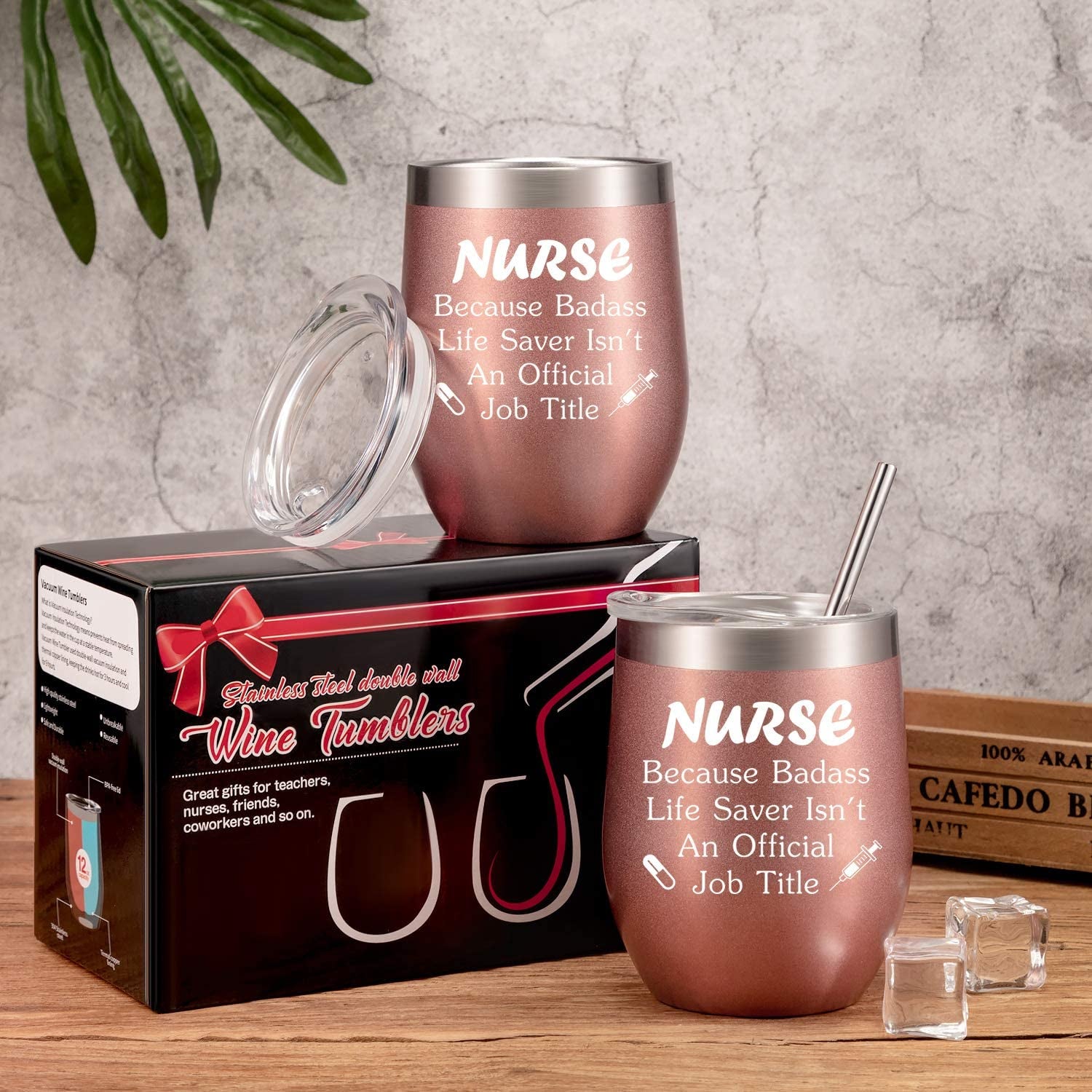 2 Pieces Nurse Gifts for Women 12 Oz Wine Tumbler Christmas Appreciation Nursing Graduation Funny Present with Straw and Brush for Nurse Practitioner, Nurse Student (Rose Gold)