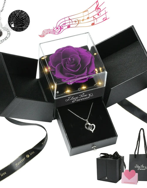 Load image into Gallery viewer, Preserved Rose Flower with Heart Necklace, Eternal Purple Real Rose with Music LED Lights for Her Women Wife Grandma Anniversary Birthday Romantic Valentines Gifts, Purple
