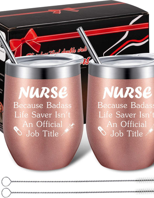 Load image into Gallery viewer, 2 Pieces Nurse Gifts for Women 12 Oz Wine Tumbler Christmas Appreciation Nursing Graduation Funny Present with Straw and Brush for Nurse Practitioner, Nurse Student (Rose Gold)
